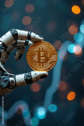 A robot arm holding a Bitcoin coin