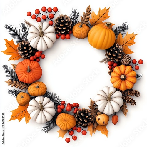 Autumn Harvest Wreath with Pumpkins and Pinecones photo