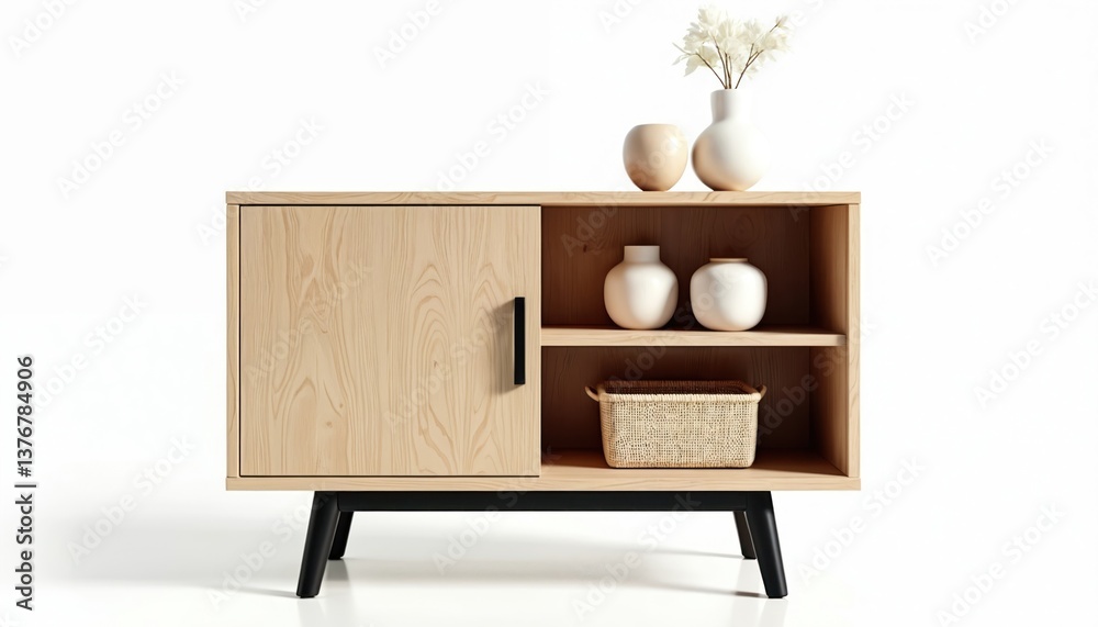 Fototapeta premium Modern wooden cabinet display items with white background. Stylish furniture piece for home decor. Shelves showcase vases, basket. Minimalist design, neutral tones, Scandinavian aesthetic.