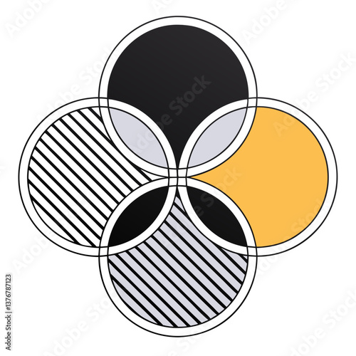 playful exquisite Overlapping circles creating a Venn diagram pattern. Flat color, single-weight stroke. VECTOR FORMAT with Scalable Design. 8K