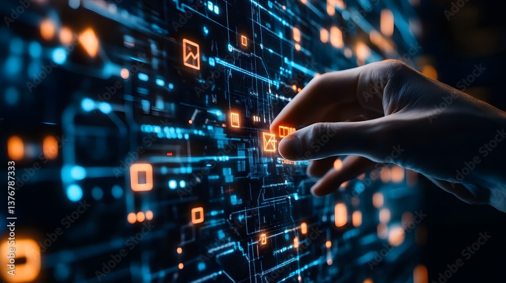 Fototapeta premium Digital Touch: A hand interacts with an intricate digital interface, emphasizing the concepts of connectivity, innovation, and technological progress.
