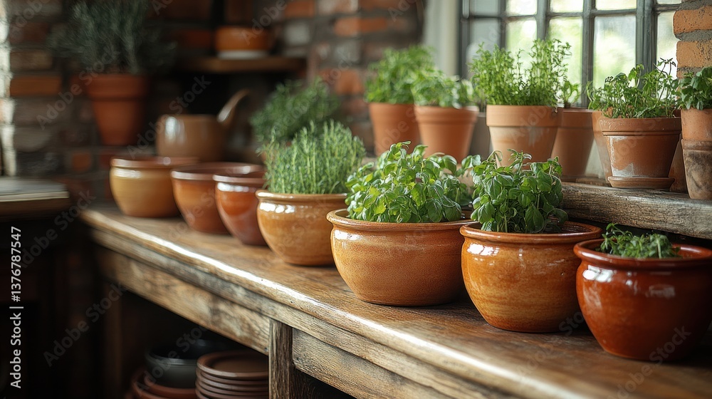 Rustic windowsill with various potted herbs in terracotta pots. Rustic windowsill with various potted herbs in terracotta pots.