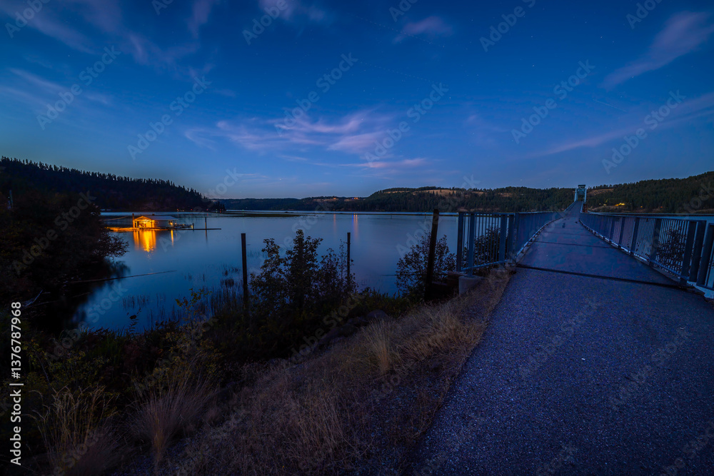 Night Photography of the Bicycling Trail along the Chatcolet Lake, Idaho
