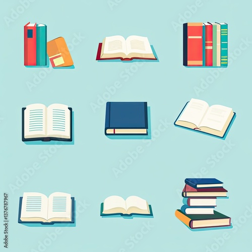 Colorful book icons set, various orientations and stacks.  Flat style illustrations of open and closed books, depicting different colored covers and page interiors.  Perfect for education,