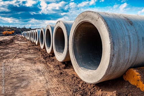 Wallpaper Mural A row of large concrete pipes is set up at a construction site surrounded by dirt. The clear blue sky with clouds adds a dramatic backdrop to the industrial scene Torontodigital.ca