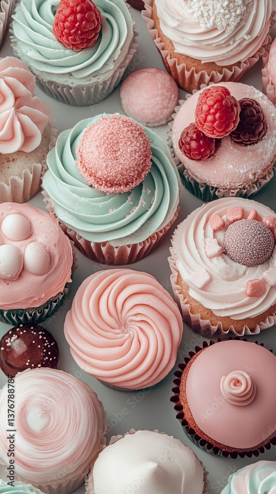 Colorful Cupcakes with Frosting and Berries on Light Background  
