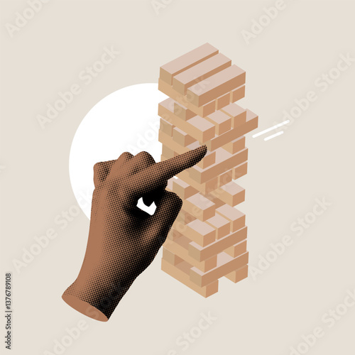 Modern collage. Halftone hand pushing a block out of wooden tower. Person playing a board game