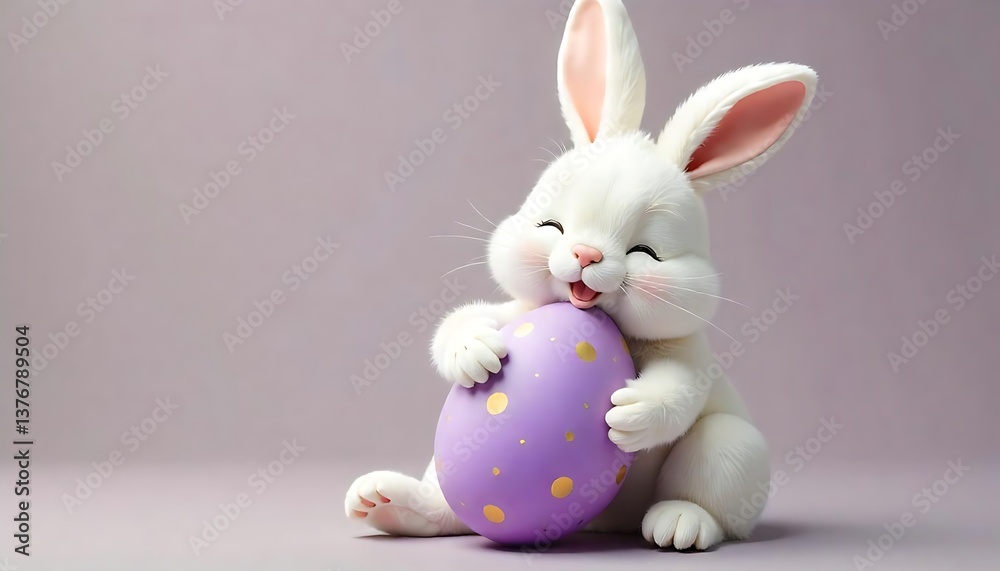 Fototapeta premium Adorable white easter bunny hugging a big decorated purple egg with gold spots , Easter day banner for website created with generative ai 