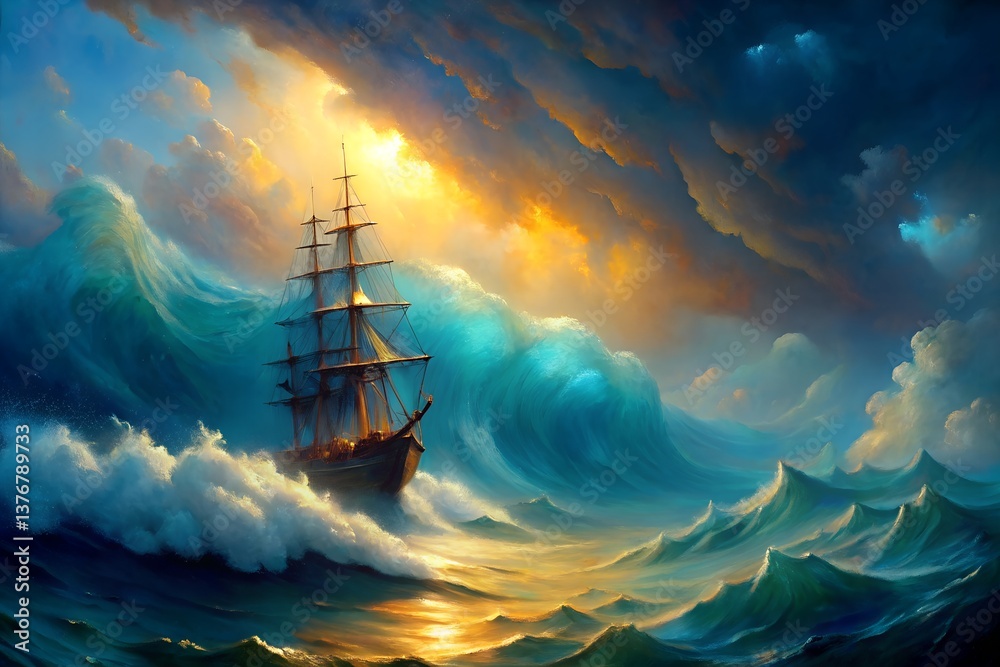 Obraz premium Baroque-Style Oil Painting of Deep Blue Storm Wave Crashing Against Ship with Gold Leaf Highlights
