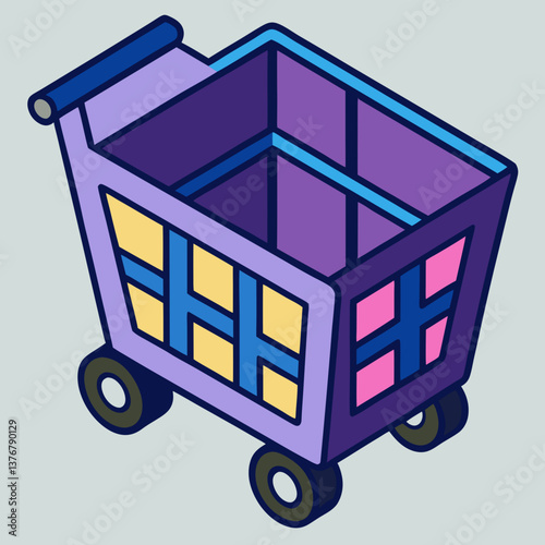alluring memorable Isometric shopping cart. Clean lines, symmetrical design, flat color. Scalable minimal design. VECTOR FORMAT with Scalable Design.