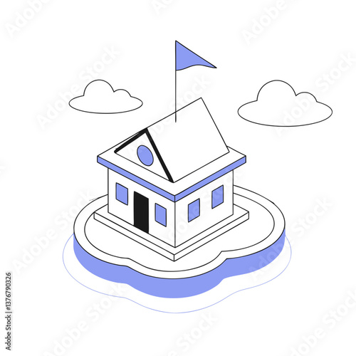 pristine art deco Isometric floating island. Crisp edges, symmetrical design, flat color. Scalable minimal design. VECTOR FORMAT with Scalable Design. original