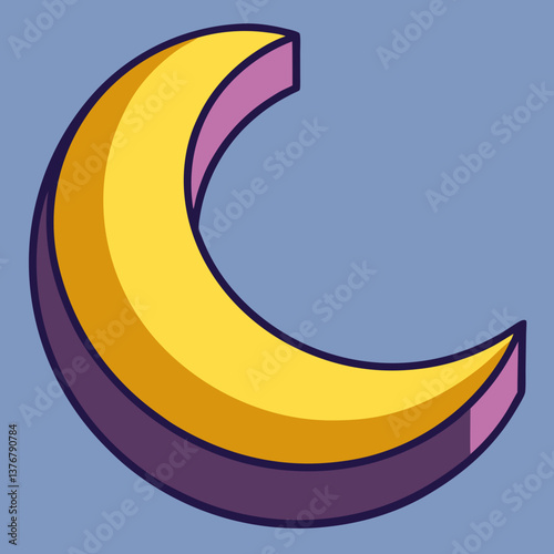 stunning rustic Isometric crescent moon. Crisp edges, flat color, single-weight stroke. Scalable minimal design. VECTOR FORMAT with Scalable Design. expertly shot