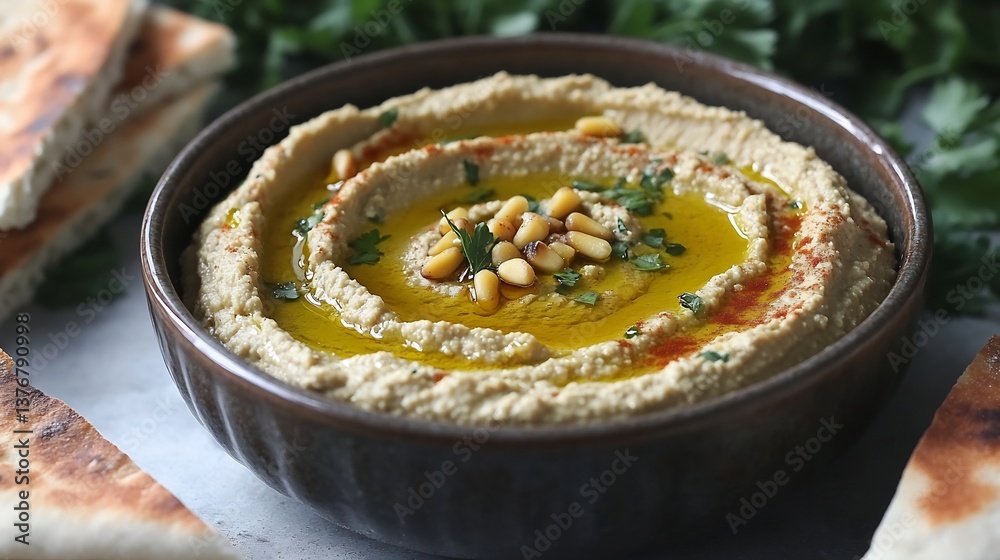 Lebanese Pine Nut Hummus a ceramic bowl drizzle of golden olive oil glistening soft bokeh background of fresh herbs and pita bread Lebanese Pine Nut Hummus a ceramic bowl drizzle of golden olive oil glistening soft bokeh background of fresh herbs and pita bread