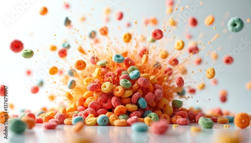 Illustration of colorful fruity pebbles cereal exploding, dynamic action in motion with floating pieces. Vibrant breakfast food concept against white background. Playful, modern design, eye-catching