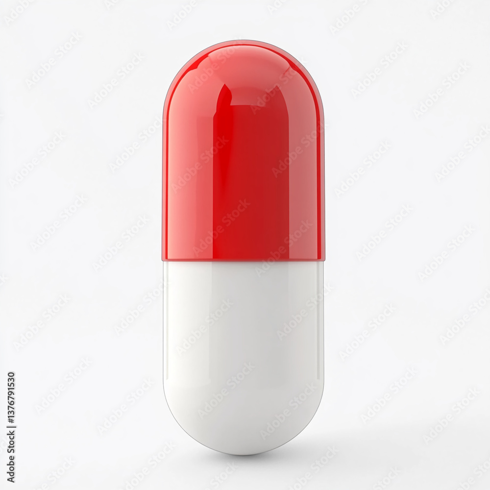 Bright red and white capsule stands upright on a smooth surface highlighting its glossy finish and simple structure suitable for various uses in medicine Bright red and white capsule stands upright on a smooth surface highlighting its glossy finish and simple structure suitable for various uses in medicine