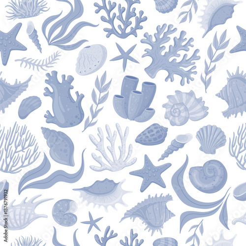 Marine sea shells seamless pattern. Underwater fauna, starfish and corals, scallops, mollusks and shellfish flat vector background illustration. Cartoon seashells endless design