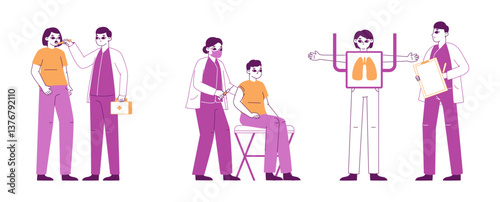 Medical staff with clinic patients. Patients and doctors, nurses diagnosing and advising patients flat vector illustration set. Hospital workers with patients characters