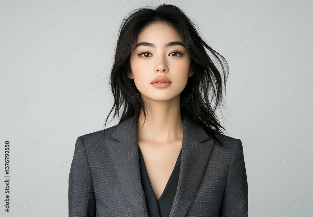 Obraz premium Woman wearing a black jacket and a black dress. She has long hair and is wearing makeup