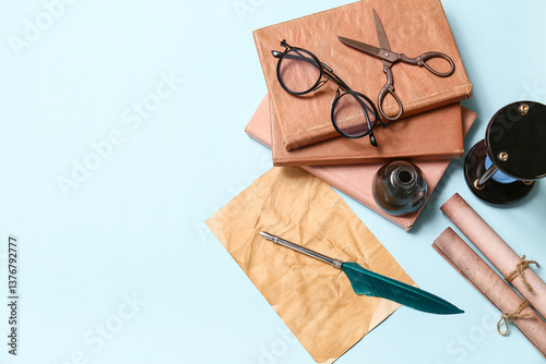 Old paper sheet with books,...
