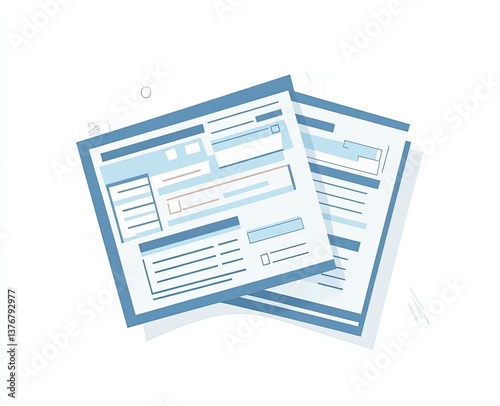 Two overlapping forms or documents.  Organized, structured data entry fields, boxes, and sections are presented