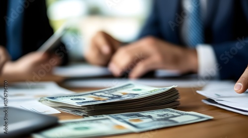 Cash is King: Focus shot of a stack of United States banknotes on a wooden table in front of blurry hands of people wearing suits with documents, representing concept of finance and banking photo