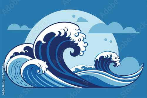 Abstract sea waves. Ocean silhouette aqua curlicues, ripples, curls, splashes. Turquoise and blue water marine icons for graphic design. Logo template. Vector set. Tsunami or stormy weather