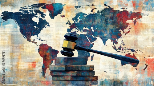 Artistic Representation of Global Justice Concept Featuring Gavel on Books Against Colorful World Map Background for Legal and Educational Use