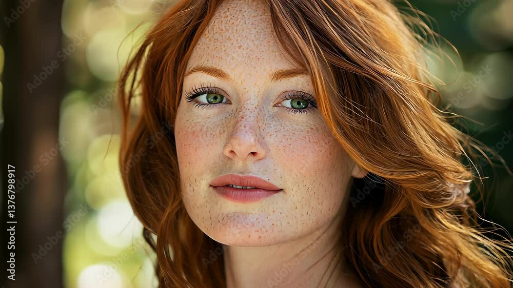 Red-haired woman with freckles enjoys sunny outdoor setting in a tranquil forest environment surrounded by greenery