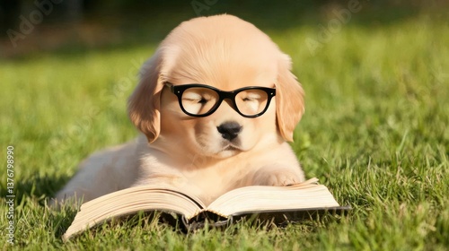 a cute puppy with glasses reading a book in a green lawn. The puppy is a golden retriever