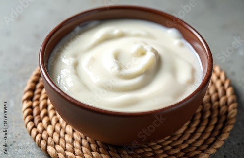 Close-up of creamy yogurt in brown ceramic bowl on rustic woven placemat. Healthy dairy dessert perfect for breakfast or snack. Popular for cooking baking recipes. photo