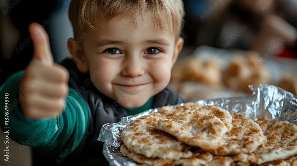 Cheerful Caucasian boy showing thumbs up while enjoying homemade pancakes with syrup and butter for breakfast, expressing happiness and satisfaction. Cheerful Caucasian boy showing thumbs up while enjoying homemade pancakes with syrup and butter for breakfast, expressing happiness and satisfaction.