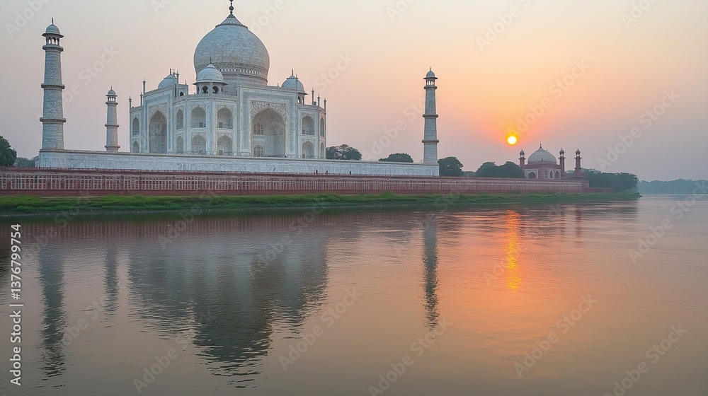 Fototapeta premium Taj Mahal at Sunrise with Reflection on Calm River Surface.
