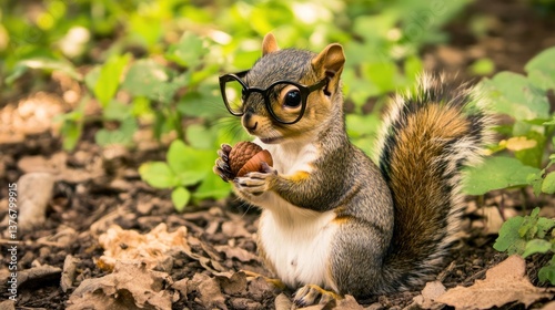 a squirrel wearing glasses, holding a nut and studying its surroundings 