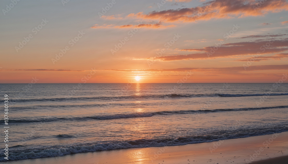 Golden hour at the beach with the sun setting over calm ocean waves, casting warm orange and pink hues across the sky and water, perfect for peaceful, romantic, or travel-themed visuals. Golden hour at the beach with the sun setting over calm ocean waves, casting warm orange and pink hues across the sky and water, perfect for peaceful, romantic, or travel-themed visuals.