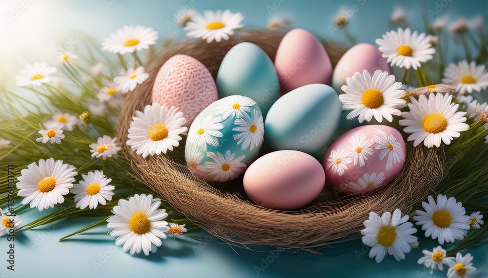 Fototapeta premium springtime easter elegance pastel decorated eggs nestled among fresh daisies