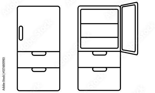 閉じた冷蔵庫と開いた冷蔵庫のシンプルなアイコンイラスト