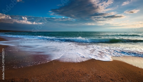 wave washing the sandy beach velvet season cloudy weather scenery at the black sea in evening light natural environment
