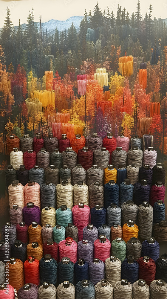 Fototapeta premium Vivid rows of colorful thread spools complement a painted autumn forest backdrop creating an artful display with a harm
