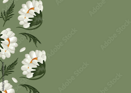 floral poster with half-closed buds of a large white daisy and green leaves on a green background, placed sideways
