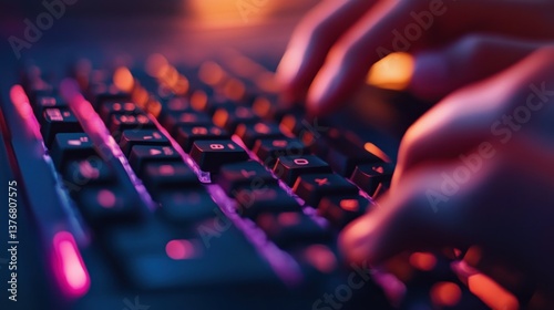 Closeup of swift fingers navigating mechanical keyboard with vibrant RGB lighting