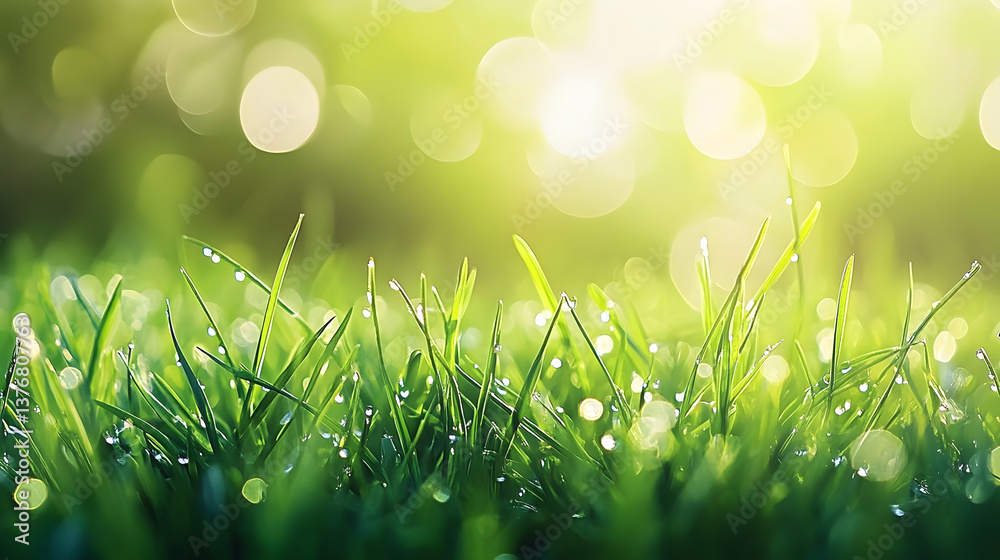 Obraz premium Juicy lush green grass on meadow with drops of water dew sparkle in morning light, spring summer outdoors close-up, copy space