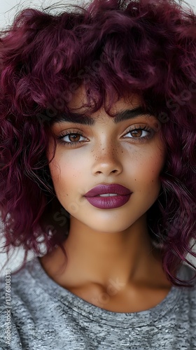 Close up portrait of young mixed race woman with vibrant purple curly hair, plum lipstick, and freckles wearing casual grey top, looking directly at camera.