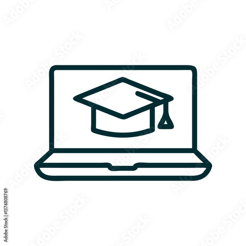 Graduation cap on laptop icon for online learning platforms, e-education blogs, digital classrooms, and virtual university presentations