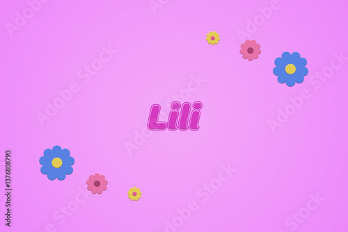 Lili female girl name illustration in pink with blossoms, flowers