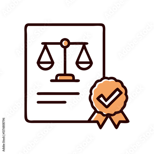 Legal document with certification badge icon for compliance platforms, contract validation, law firm websites, and licensing graphics