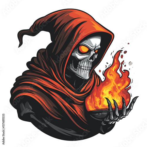 Skeletal sorcerer logo designed for esports featuring dramatic colors and a fiery effect