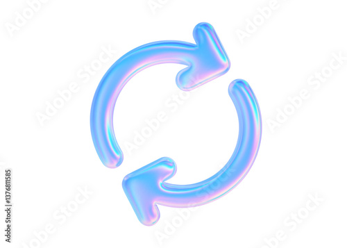 3d glass arrow icon. Update holographic symbol. Two round blue gradient arrows. Refresh, upgrade, recycle. Vector illustration for modern ui design.