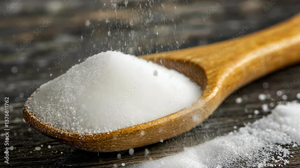 Close-up of granulated sugar pouring from a wooden spoon onto a rustic wooden surface