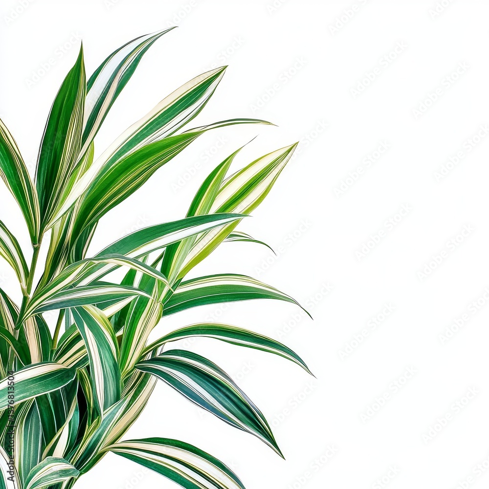 Fototapeta premium Vibrant green dracaena leaves with white stripes on white background.