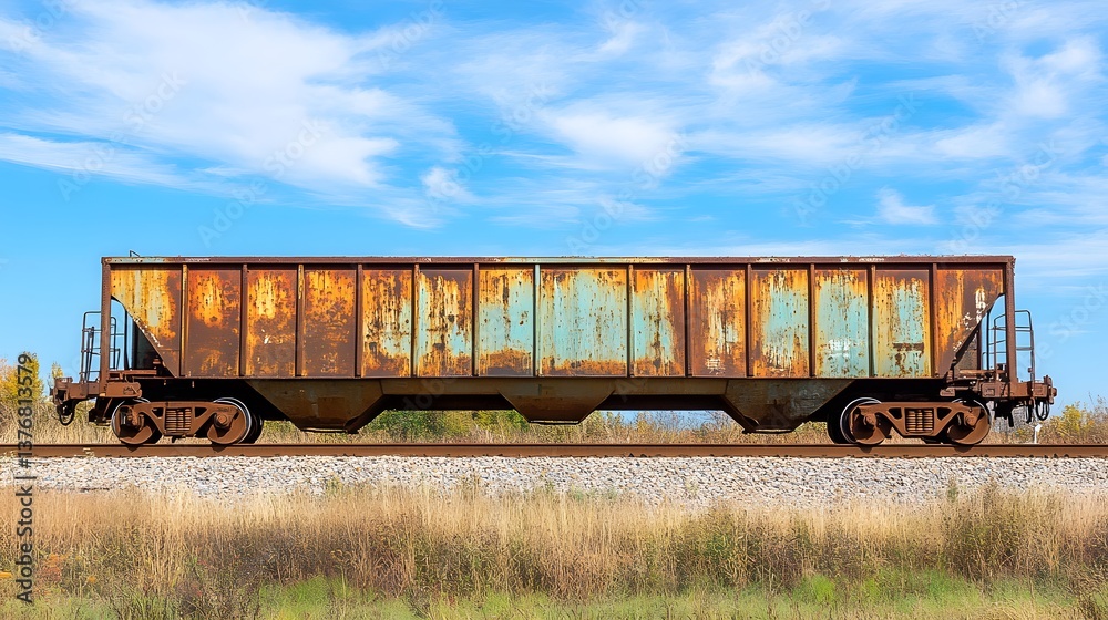 Obraz premium Deserted Train Car Rusting on Railway Tracks - Vintage Abandoned Transportation Vehicle